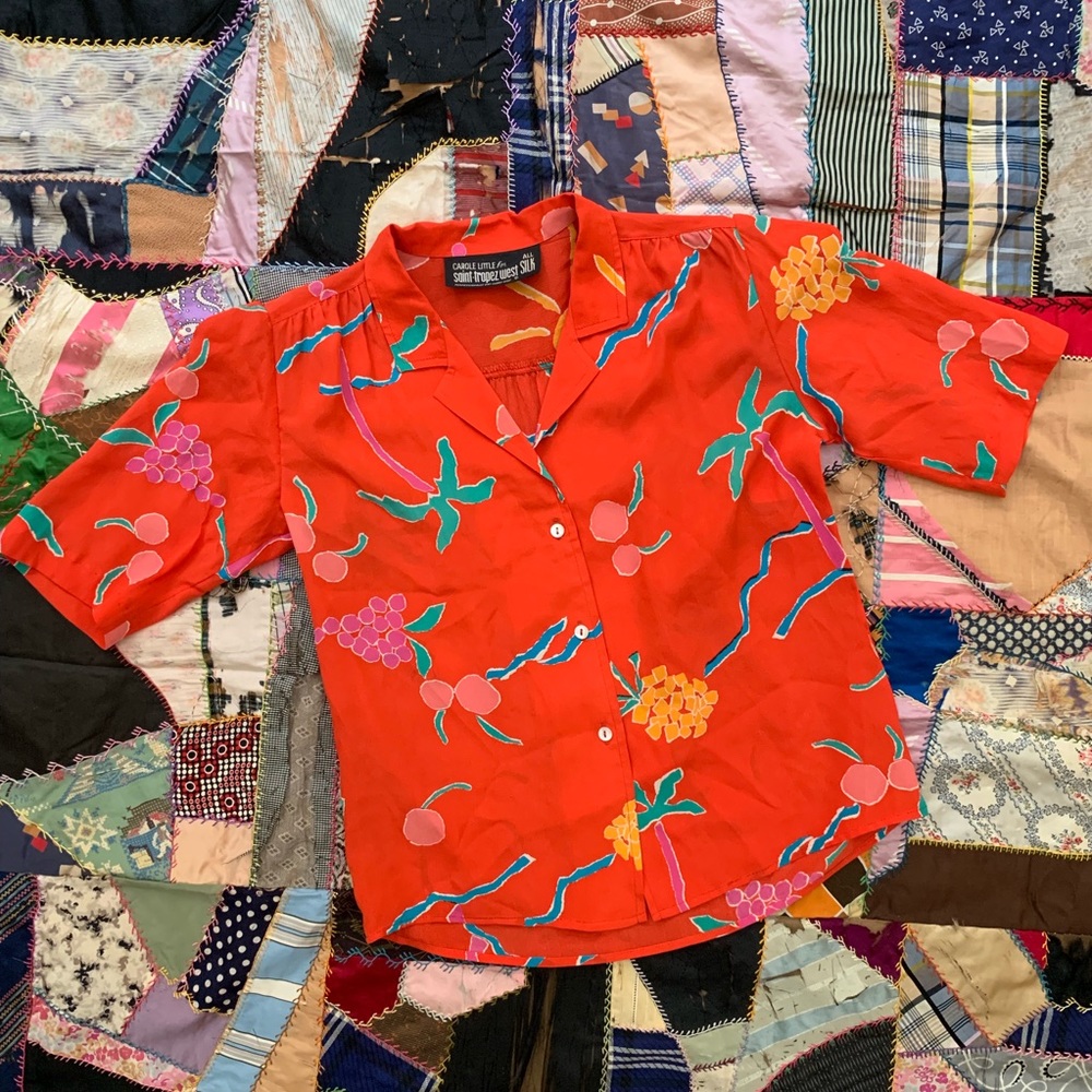 Vintage Carole Little Palm Tree Fruit Silk Blouse
